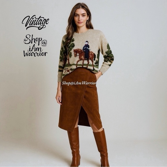 RARE vintage intarsia equestrian hunter with dog motif crewneck crewneck sweater - Picture 1 of 11